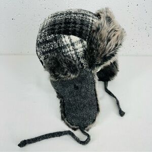Woolrich Black and Gray Plaid Faux Fur Wool Blend Trapper Hat